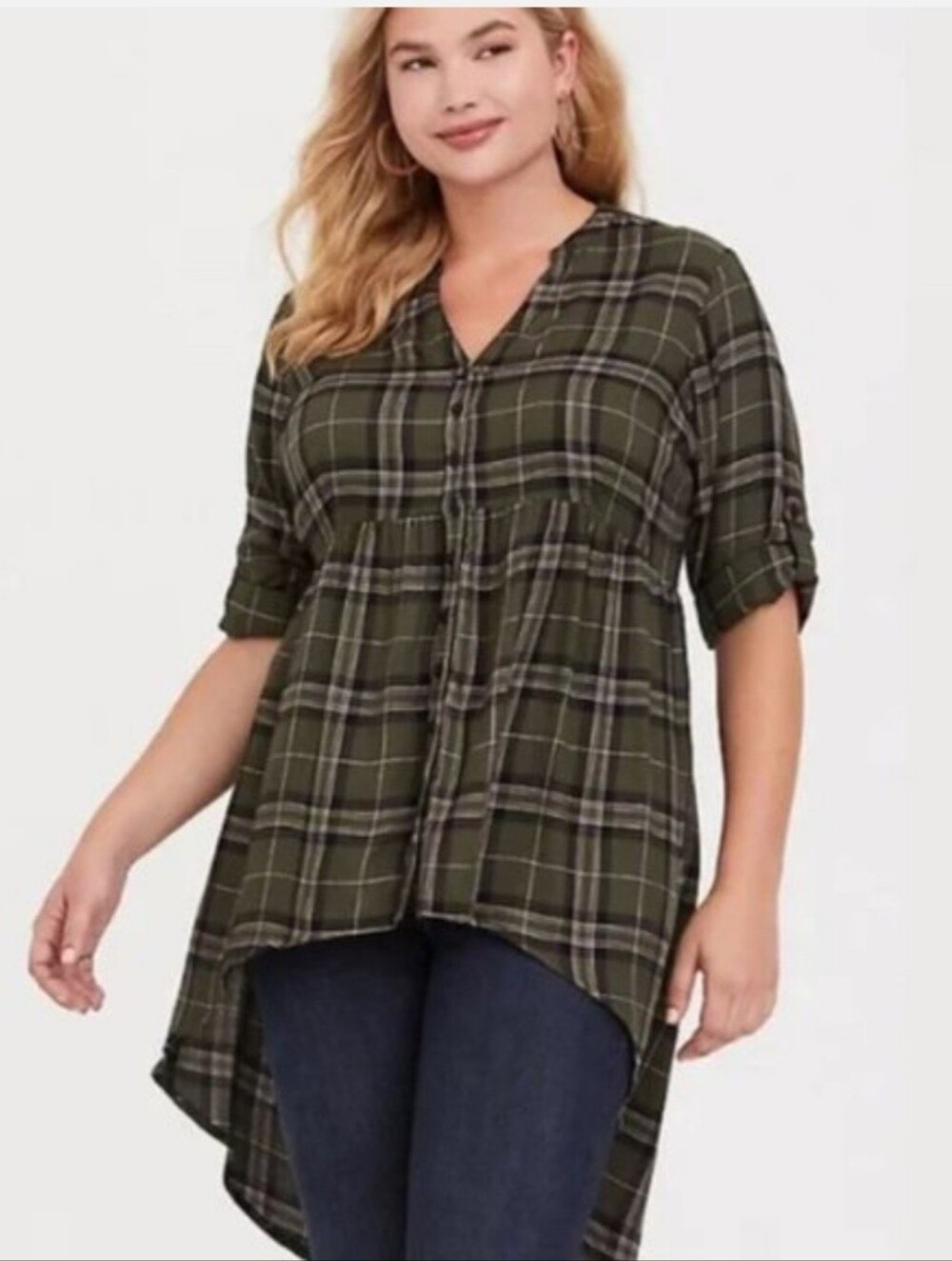 Torrid High Low Green Plaid Top